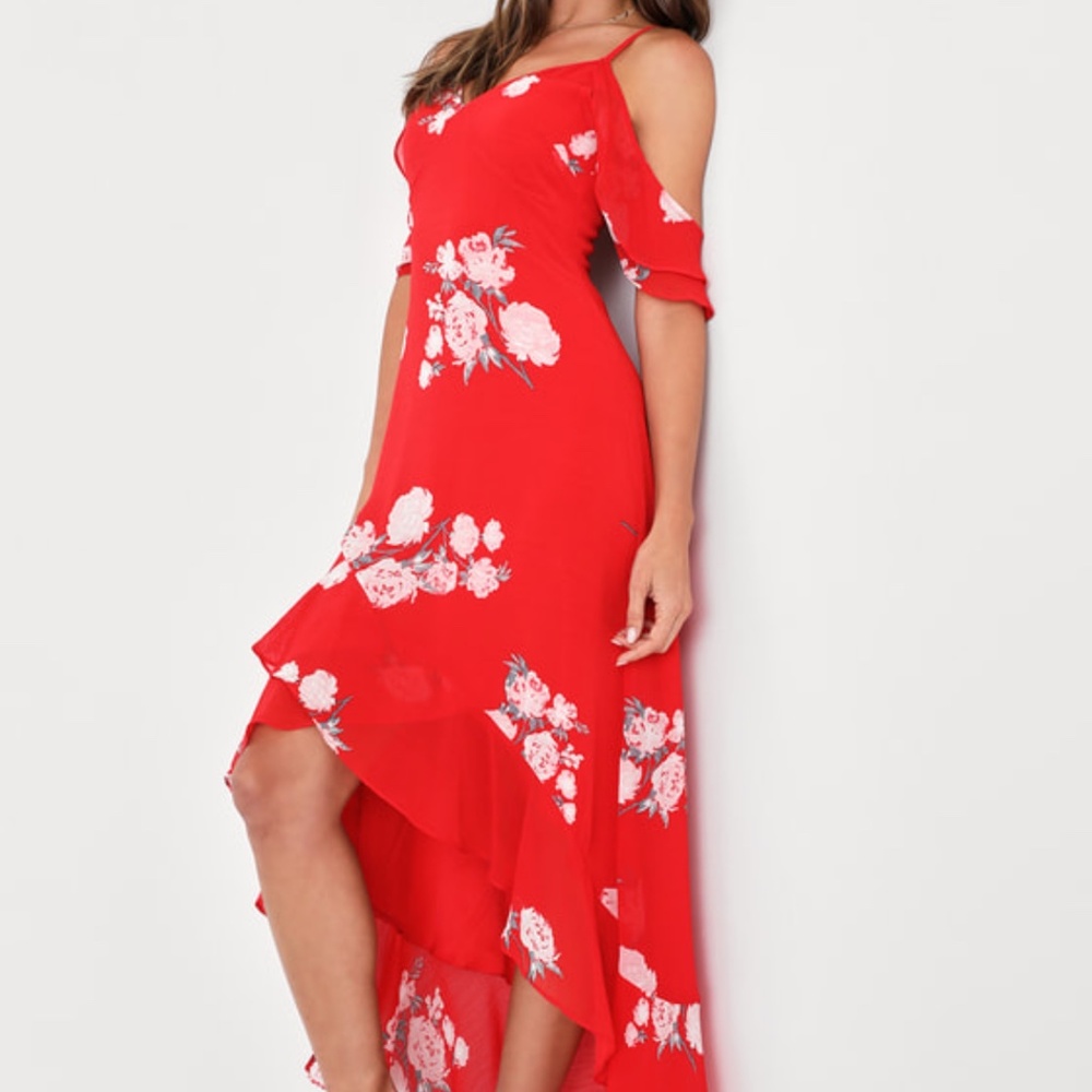 Lulus Love in Bloom Red Floral Print Off-the-Shoulder High-Low Dress
